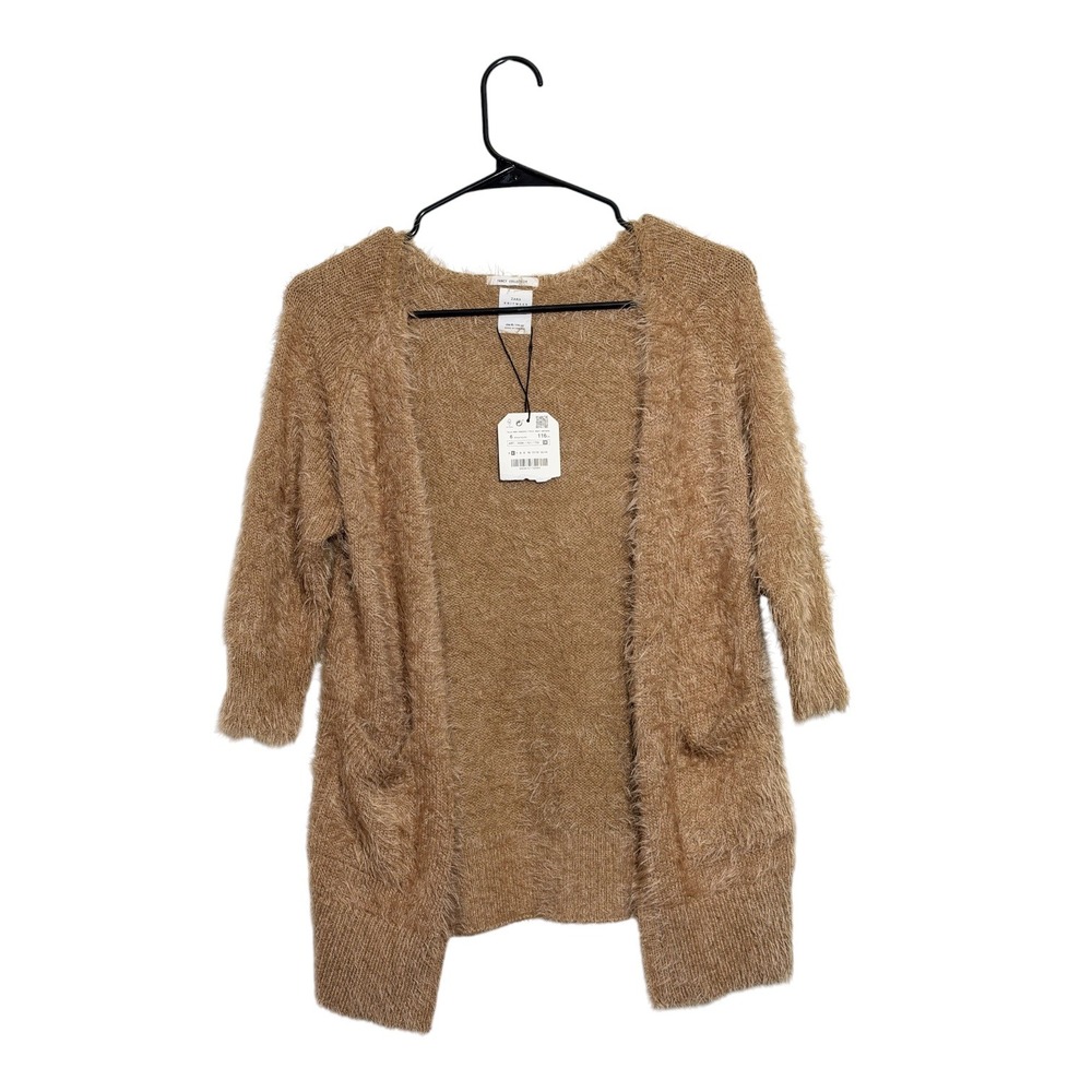 Zara Kids Fuzzy Eyelash Knit Camel Brown Open Front Cardigan Girls Size 6 NWT‎